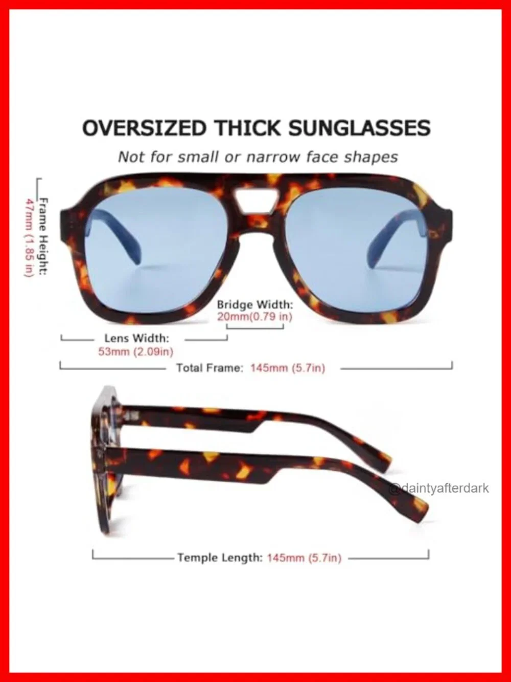 Oversized Square Aviator Sunglasses with Blue Lens, UV400 Protection, PC Frame